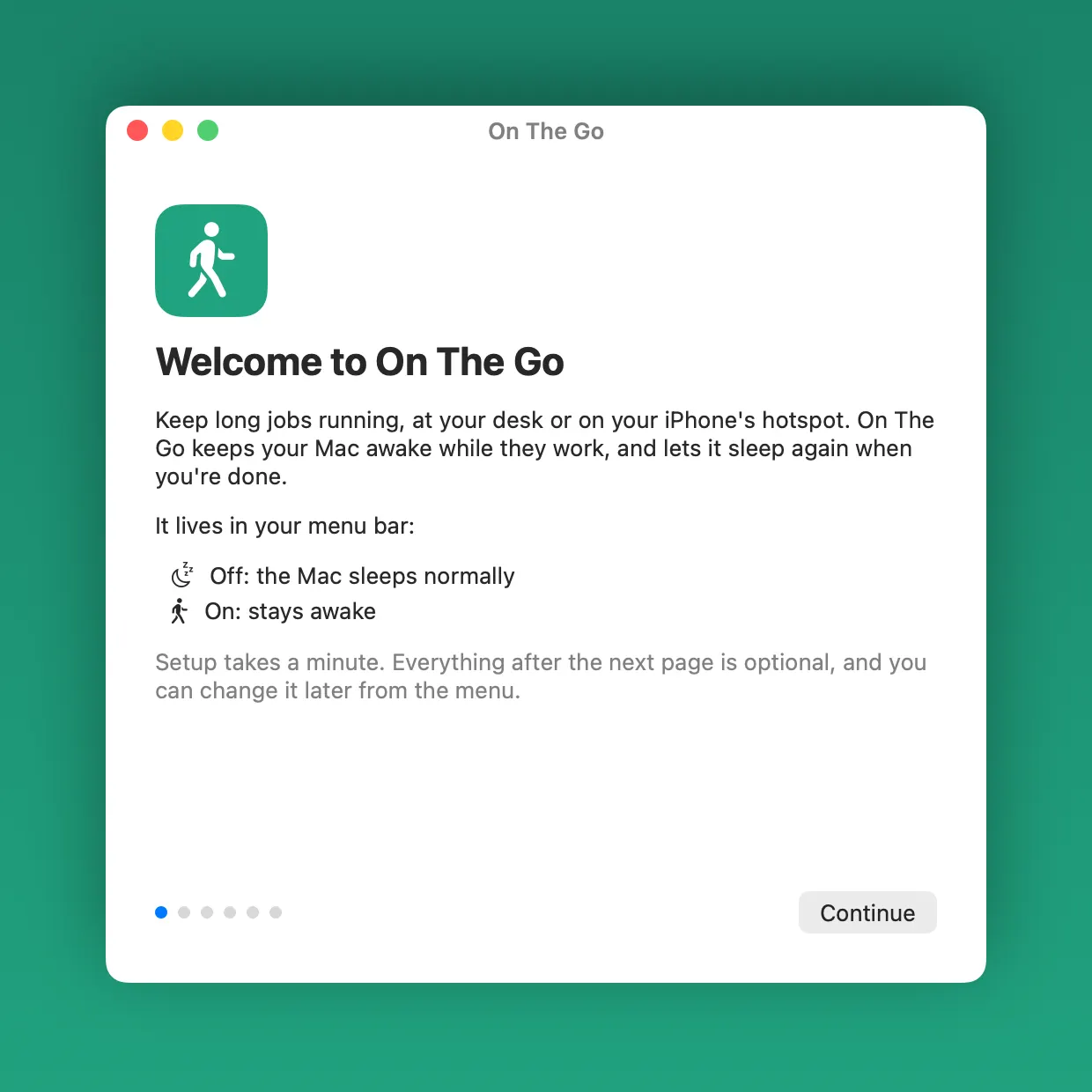 The welcome page of the setup guide: Keep long jobs running, at your desk or on your iPhone's hotspot. The menu bar icon shows off as a sleeping moon and on as a walking figure.