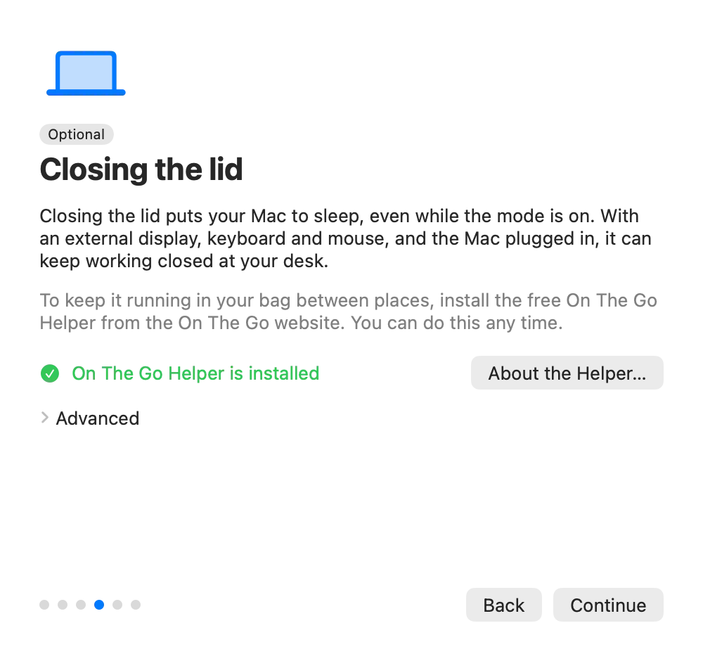 On The Go's Closing the lid page with On The Go Helper is installed shown in green and an About the Helper button.